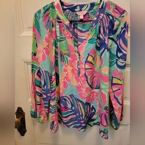 Lilly Pulitzer Vibrant Floral Blouse in Pink and Blue Small